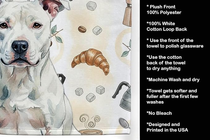 Caroline's Treasures White American Staffordshire Terrier Coffee Bar Kitchen Towel Velour Plush Front and Cotton Loop Back Machine Washable
