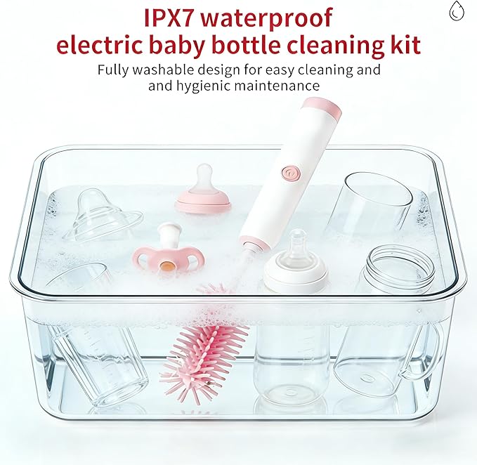 Portable Electric Silicone Bottle Brush Set, 7-in-1 UV LIGHT USB Charging, Nipple/Straw Cleaner, Milk Mixer, Built-in Drying Rack & Storage Case, BPA-Free, IPX7, On-the-Go for New Parents (Blush)