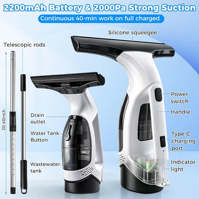 Window Vacuum Squeegee with Extendable Pole 31-40", 2000Pa Electric Window Cleaning Tool with 2200mAh and 150ml Dirty Water Tank, Long Handle Squeegee for Windows, Shower Doors, Mirrors, and Tiles