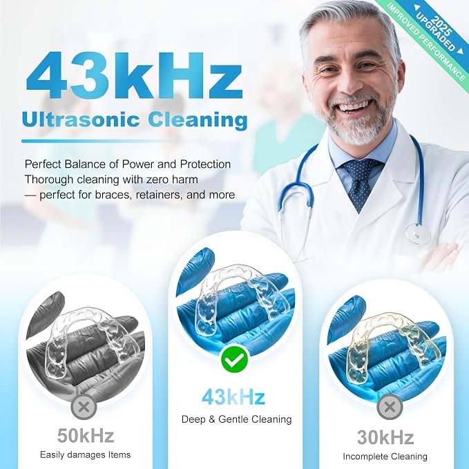 Ultrasonic Retainer Cleaner for Dentures - Sonic Denture Cleaner Machine for Mouth Guard Retainer Washer Sliver Jewelry Ring Brace Toothbrush Head Jewelry 43kHz Dental Tools Black