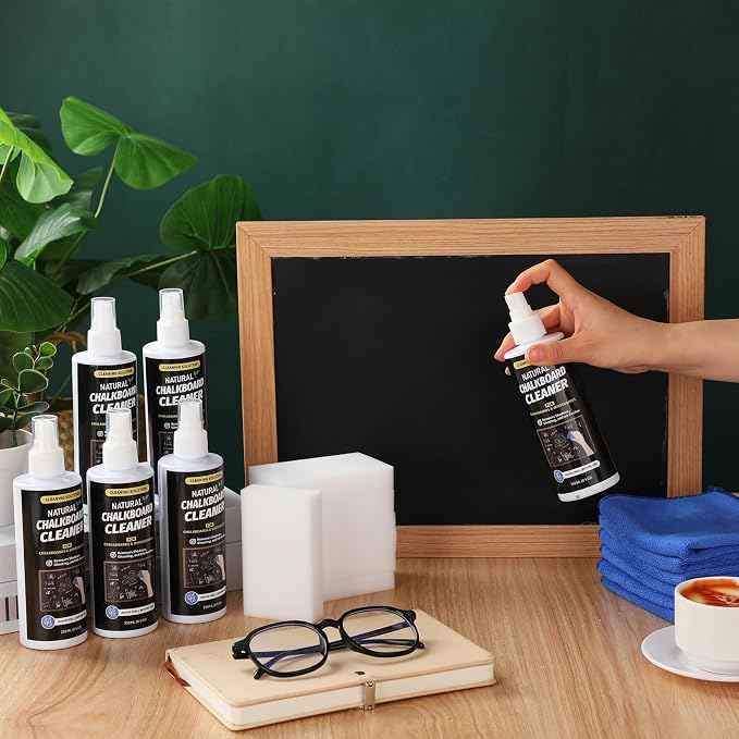 Fuyoooo 6 Sets Chalkboard Cleaner Spray and Eraser Kit 8oz Dry Erase Board Cleaner Spray Microfiber Cleaning Cloths with Sponge Erasers Liquid Chalk Markers for Whiteboard Blackboard Dry Erase Board
