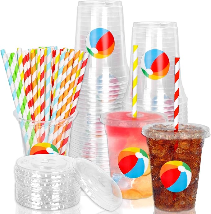 Whaline 50Pcs Beach Ball Disposable Plastic Cups with Lids and Straws 12Oz Summer Pool Ball Cold Beverage Drinking Cup for Beach Pool Birthday Party Supplies