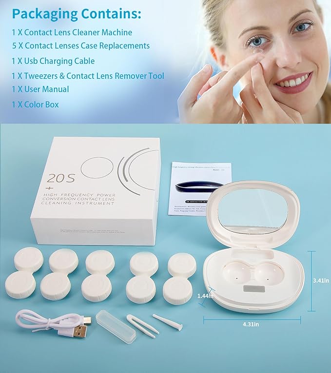 ofone Contact Lens Cleaner, Ultrasonic Contact Lens Cleaning Machine with USB Charger, Timer Display and 5 Contact Solution Cases Kit Replacement for Soft Hard Colored RGP Lenses (White)