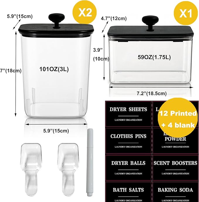 3 Pack Laundry Pods Container Plastic Dryer Sheet Container for Powder Laundry Detergent, Dryer Sheet Holder with Black Lid, Clear Laundry Containers for Laundry Beads Scent Booster