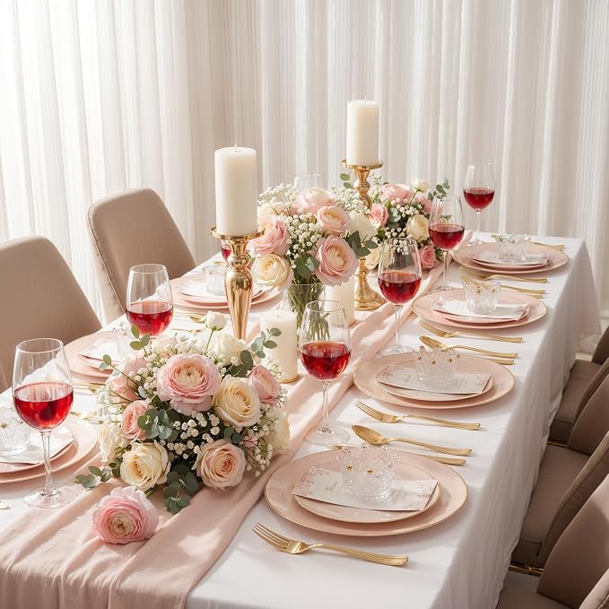 KIRE 350 PCS Pink Plastic Plates - Pink and Gold Disposable Dinnerware 50 Guest Include 50 Dinner Plate - 50Dessert Plate - 50Pre Rolled Napkins with Silverware for Party/Wedding/Baby Shower