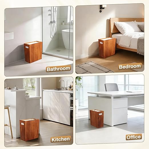 3 Gallon Wood Trash Can, Solid Wooden Trash Can with Plastic Liner, Handmade Slim Small Trash Can with Handle Fits Narrow Spaces, Decorative Wastebasket for Bathroom, Bedroom, Office, Kitchen
