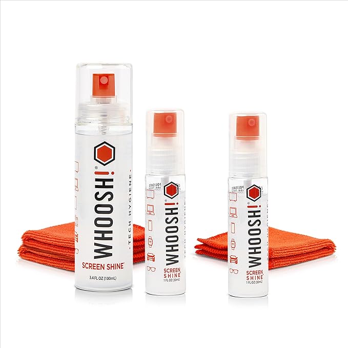 WHOOSH! Screen Cleaner Spray & Microfiber Cloths Bundle | 3.4 & 2X 1 fl oz + 3 Microfiber Cloths (6x6)