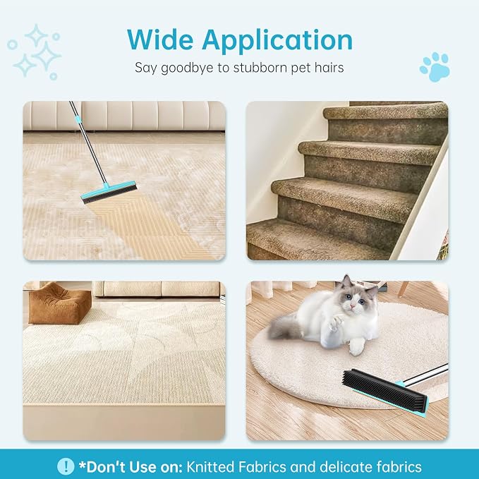 Carpet Rake 60" Long Handle, Pet Hair Removal Broom with Metal Fabric Edge | Carpet Scraper for Matted Carpet, Fluffs Carpets Rugs Mats, Works on Couch Stairs Furniture, Removes Dog Cat Pet Hair Easily