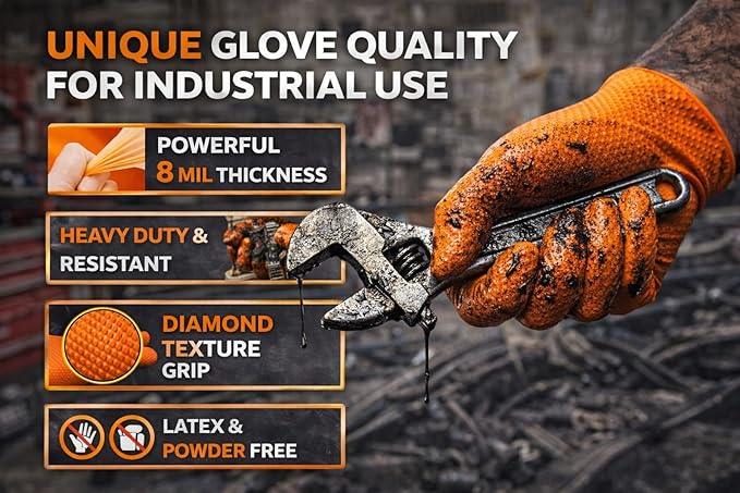 AroCare 8 Mil Orange Nitrile Gloves,3D Raised Diamond Texture-Latex & Powder Free-Industrial, Mechanic