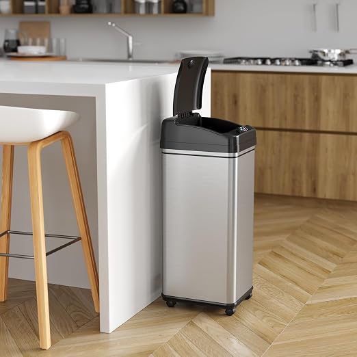 iTouchless 13 Gallon Glide Sensor Trash Can 7 Filters Odor Control System, Automatic Kitchen and Office Garbage Bin, Stainless Steel with Caster Wheels (DZM13CF06)
