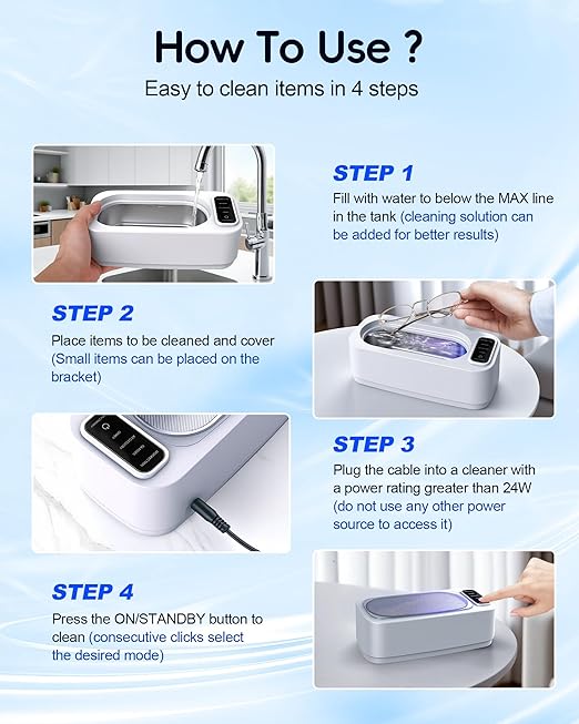 Ultrasonic Jewelry Cleaner Machine, 48KHz Ring Ultrasonic Cleaner, 4 Cleaning Modes - Suitable for Eyeglasses, Jewelry, Rings, Watchbands, Braces, Dentures, 13.5oz 304 Stainless Steel Tank for Gift