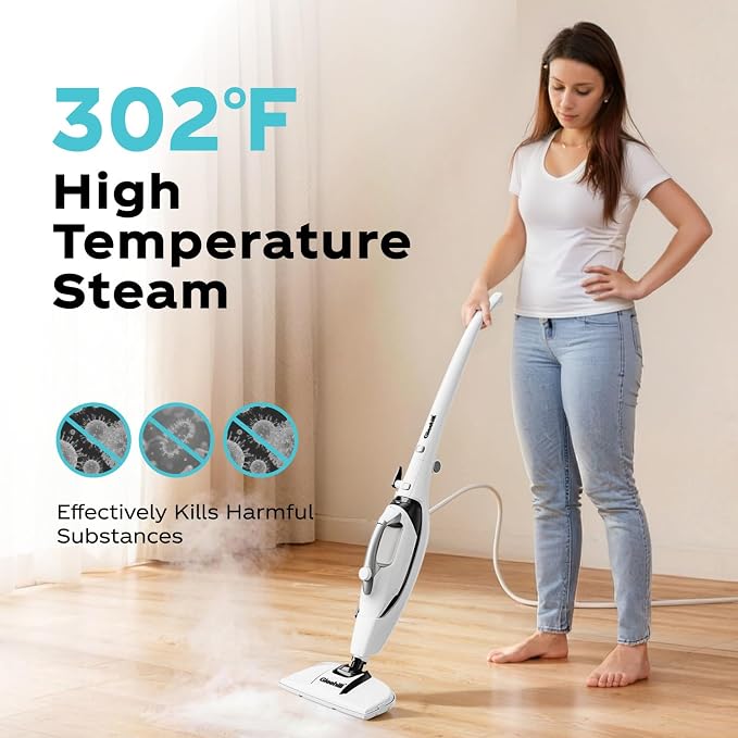 10-in-1 Steam Mops for Floor Cleaning, 302℉ Detachable Handheld Steam Cleaner with 400ml Water Tank and 26.25ft Power Cord, Folding Steamer Mop for Hardwood and Tile Floors, Silver & White