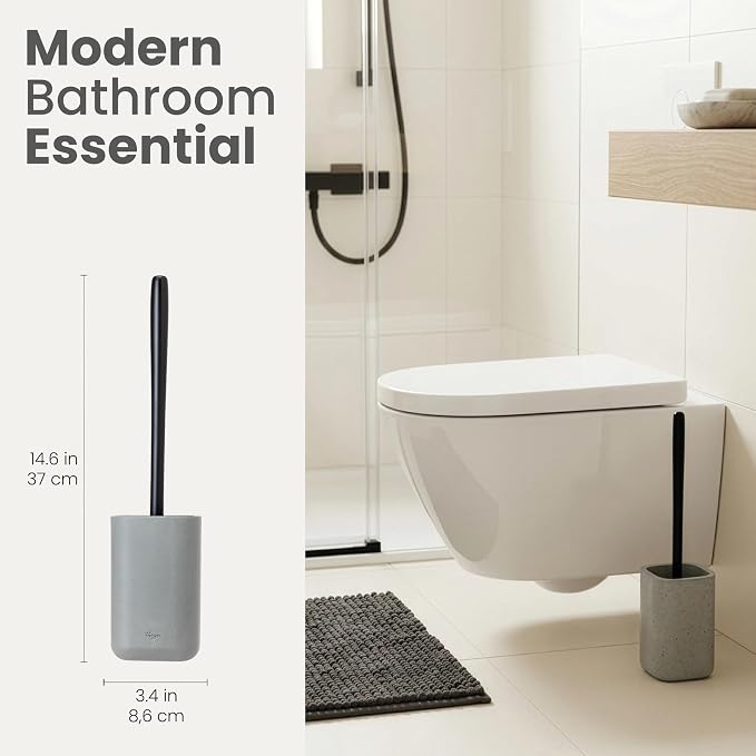 Vigar Zense Toilet Brush and Holder Set - Toilet Bowl Brush and Holder, Polyresin Stone Bathroom Accessory, Compact Toilet Cleaner Brush for Bathroom Decor and Toilet Accessories Set - Concrete