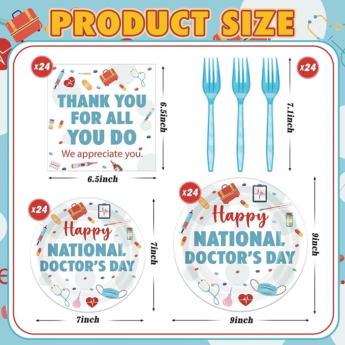 Remerry 96 Pcs Happy National Doctor's Day Party Supplies Thank You for All You Do Paper Plates Napkins Disposable Appreciation Doctor Employee Staff Tableware for Holiday Party Decoration