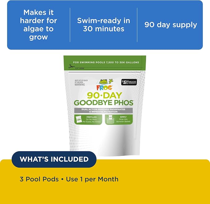 FROG 90-Day Goodbye Phos - Dry Formula Phosphate Remover for Pools up to 30,000 Gallons - Pool Maintenance & Treatment - No More Phos - 3 Pods