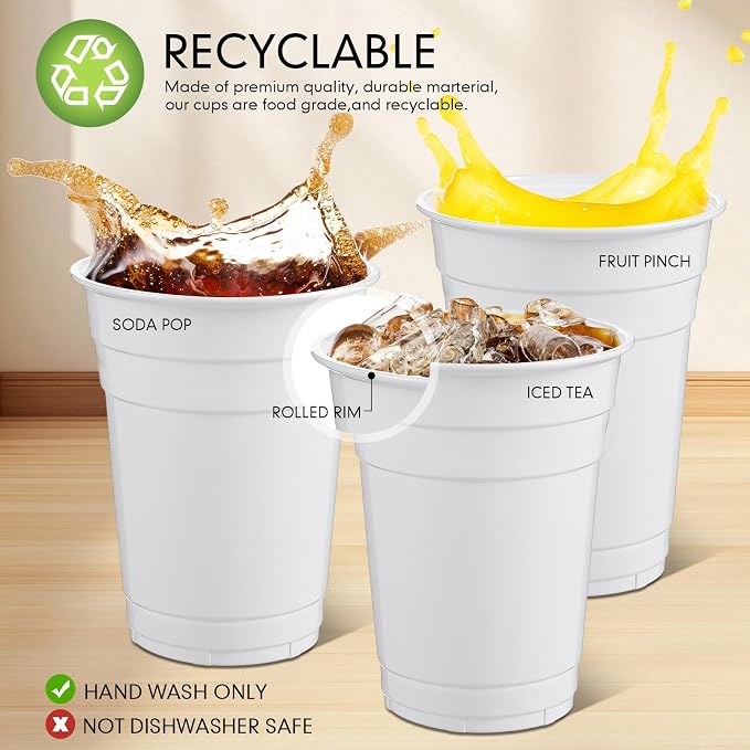 Mimorou White 200 Pack Plastic Cups 16 oz Disposable Cups for Party Wedding Halloween Stackable Beverage Drinking Tumbler Heavy Duty for BBQ Birthday Baby Shower