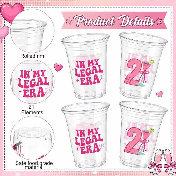 Jingmore 50 Pcs Birthday Plastic Cups 12 oz Birthday Disposable Plastic Cups Thick Clear Drinkware for Men Women Celebrate Party Supplies(pink 21st)
