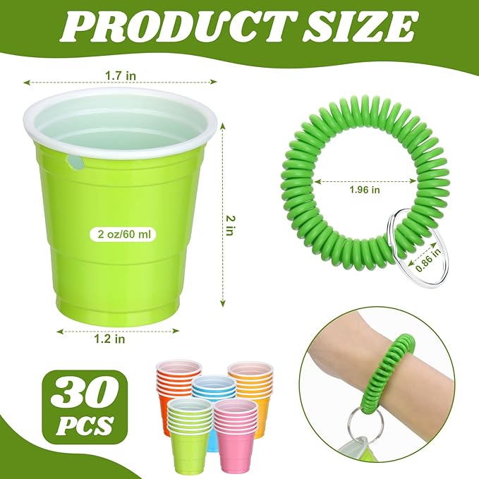 30 Pcs Multi Colors Shot Cups with Wristband for Party 2oz Plastic Shot Glasses Disposable Mini Shot Glasses Bulk with Wrist Coil 2oz Solo Cups for Festival Birthday Favor Carnival Party Supplies