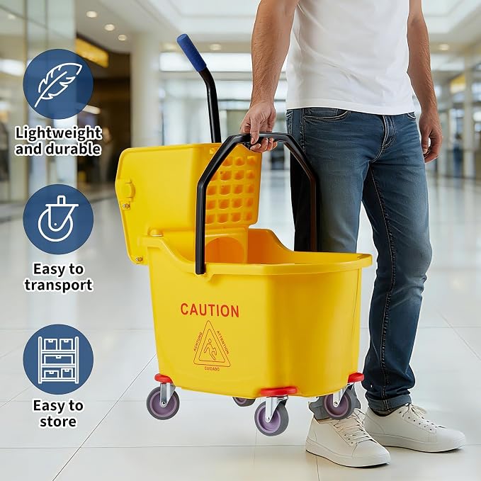 Commercial Mop Bucket with Wheels and Side Press Wringer, 35 Quart Large Capacity Floor Cleaning System for Janitorial, Kitchen, Restaurant, Office & Industrial Use, Yellow