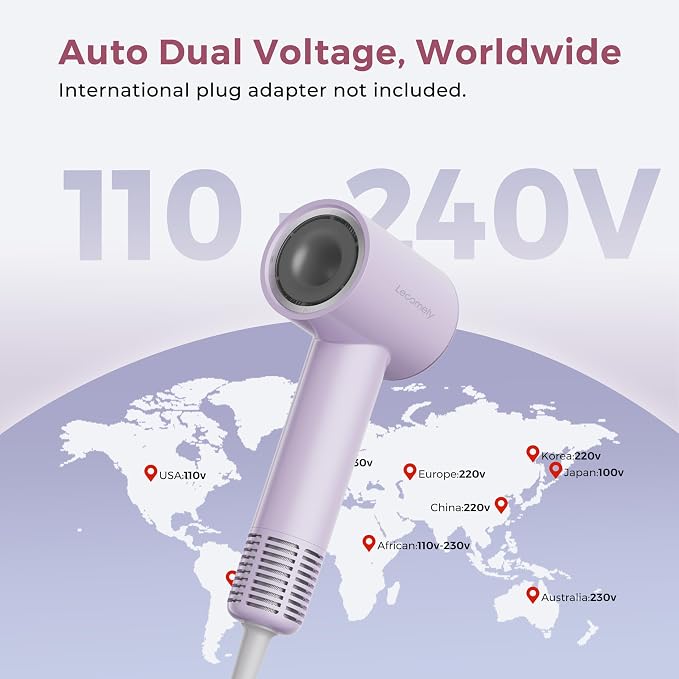 Dual Voltage Hair Dryer for Worldwide Travel, High-Speed Travel Hair Dryer for 5X Faster Drying, 200M Negative Ions, 0.69lb Portable Blow Dryer for Salon Results at Home & Abroad S4AT (Purple Dryer)