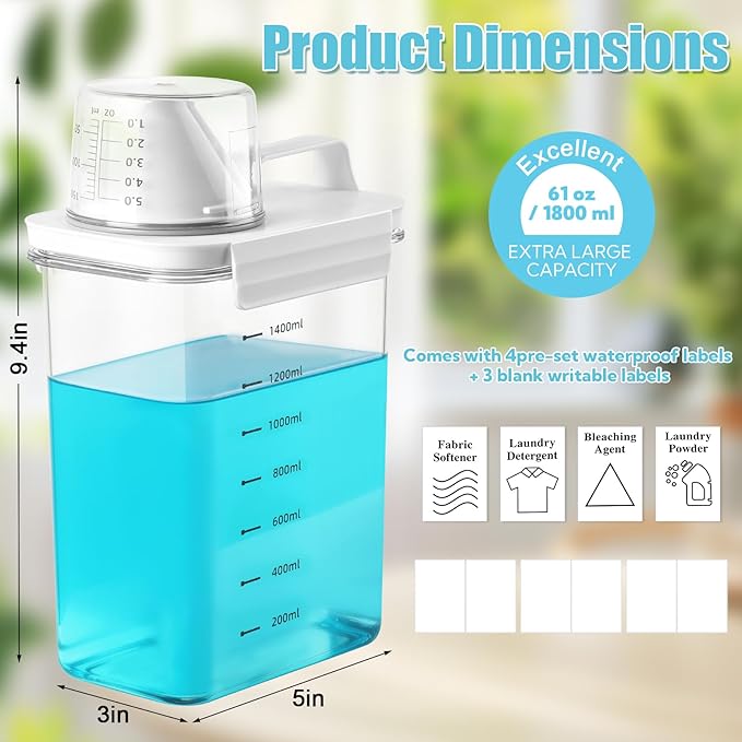 4 Pack Laundry Detergent Dispenser 61oz Plastic Liquid Detergent Dispenser with Label Powder Container & Scent Booster Beads Dispenser Fabric Softener Holder for Laundry Room Organization,Clear