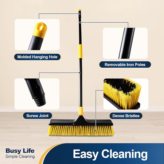Yocada Push Broom Brush 18"+24" Set 5.3" Long Handle Stiff Bristles Heavy-Duty Outdoor Commercial for Cleaning Bathroom Kitchen Patio Garage Deck Concrete Wood Stone Tile Floor