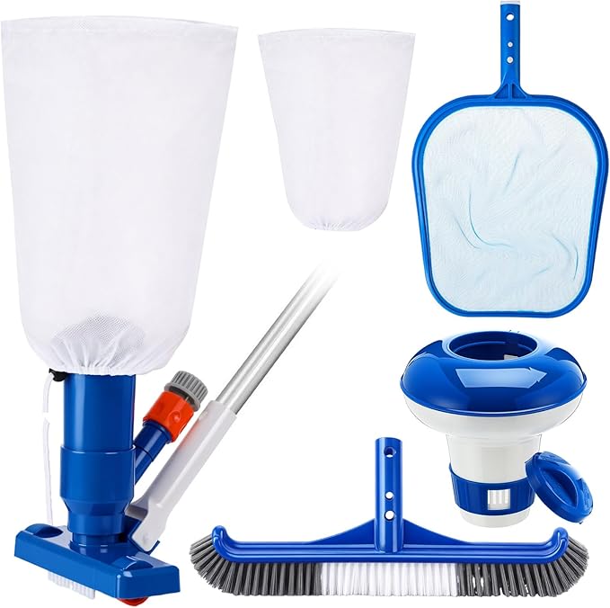 Potchen 4 Pcs Pool Cleaning Kit for Above Ground, Includes Vacuum Head, Brush Head, Mesh Skimmer Net and Pool Chlorine Floater, Perfect for Spa Hot Tub Walls Floors Maintenance(Spa Jet)
