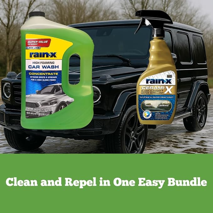 Rain-X Car Care Bundle: 100 fl oz Foaming Car Wash Concentrate & 23oz Cerami-X Glass Cleaner + Water Repellent