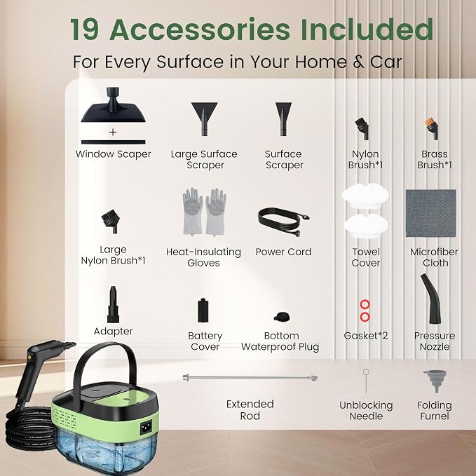 Pressurized Steam Cleaner 1.6L, 3-Level Adjustable Steamer for Cleaning, 10s Heat-Up, 2500W Handheld Steamer Cleaner for Home, Car, Kitchen, Floor, Multi-Surface Cleaning Machine (Black & Green)