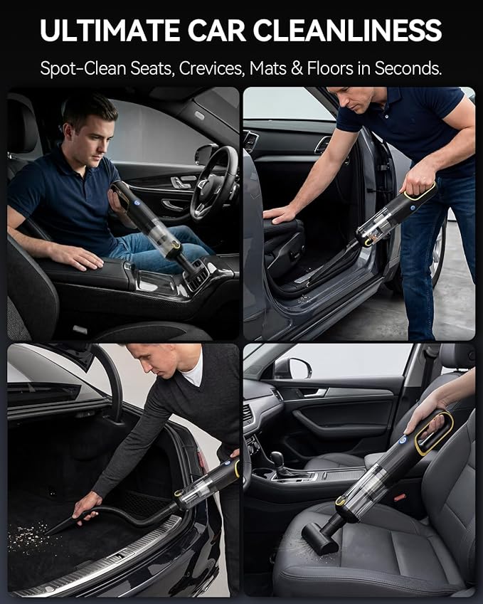 Handheld Car Vacuum Cleaner Cordless with 23000pa High Power Suction, 1.5H Type-C Fast Charge & 2 Suction Modes, Portable Mini Hand Vac Rechargeable with Multi-Nozzles for Car Home Office (Black)