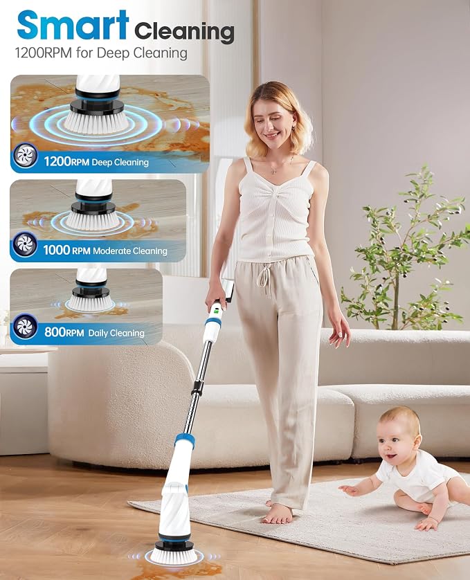 Electric Spin Scrubber, Electric Scrubber for Cleaning, 1200 RPM Shower Scrubber, 50inch Long Handle Electric Cleaning Brush 2000mAh Battery Cordless Power Spin Scrubber with 8 Brushes