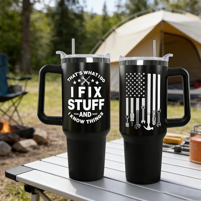 Ceovfoi Mechanic Gifts for Men, 40 oz Mechanic American Flag Stainless Steel Tumbler with Handle Lid and Straw, Mechanic Stuff Supplies Accessories