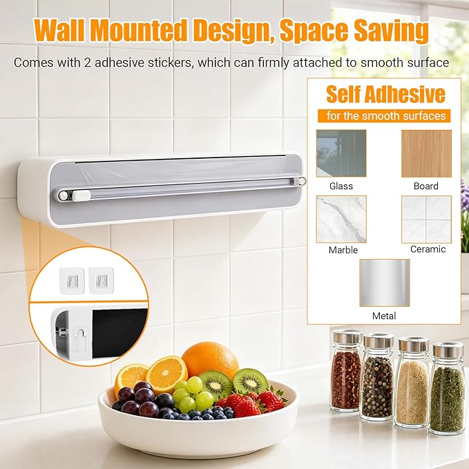 Magnetic Plastic Wrap and Foil Dispenser with Cutter | Magnetic & Adhesive Mounting, Fits for Max 12.8In x 328Ft of Plastic Wrap, 12.8In x 164Ft of Foil & Parchment Paper