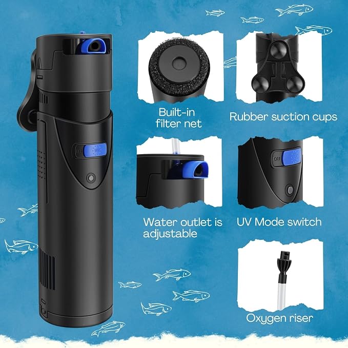 Flexzion Aquarium Filter U-V, 100 Gallon Fish Tank Filter with U-V Light for Green Control Cleaning, 200GPH Submersible Aquarium Pump for Turtle Tank, Freshwater Crystal Clear & Saltwater