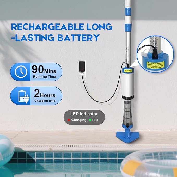 Cordless Handheld Pool Vacuum 3 in 1, 90 Mins Runtime, Rechargeable Pool Cleaner with Telescopic Pole for Above Ground & Inground Pools, Hot Tubs