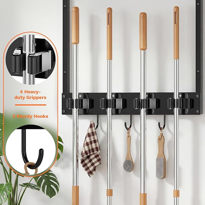 2 Packs Broom Holder Wall Mount with Shelf Load 66LBS Broom and Mop Organizer Wall Hanging Broom Hanger with 4 Mop Hanger Grippers, 3 Hooks for Laundry Room, Garage, Utility Closet, Kitchen