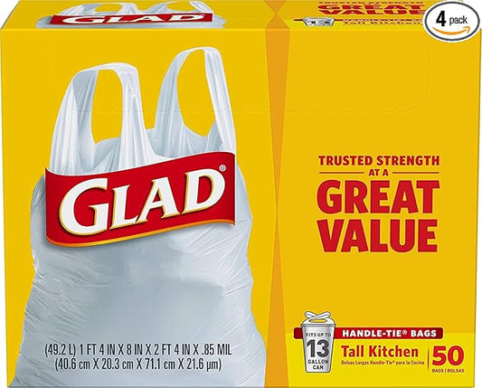 Glad 13 Gal. Tall Kitchen Handle-Tie Bags 50 ct (Pack of 4)