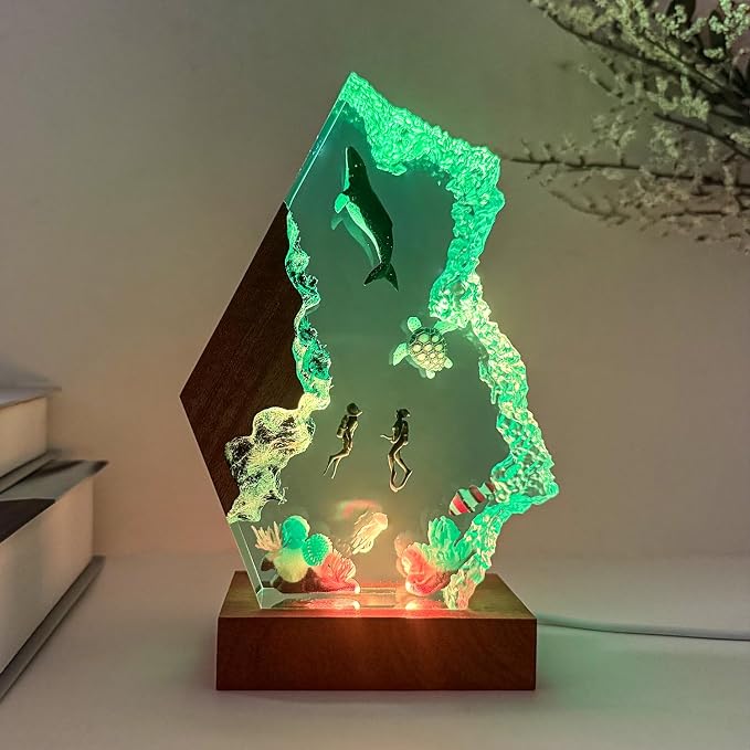 Shark Resin Lamp, Scuba Diving Resin Ocean Lamp,Handmade Shark Decor Bedside Nightlight with Wooden Base, RGB Mode,Unique Gifts for Valentine's Day, Mother's Day, Birhtday,Holiday (S 6"x4")
