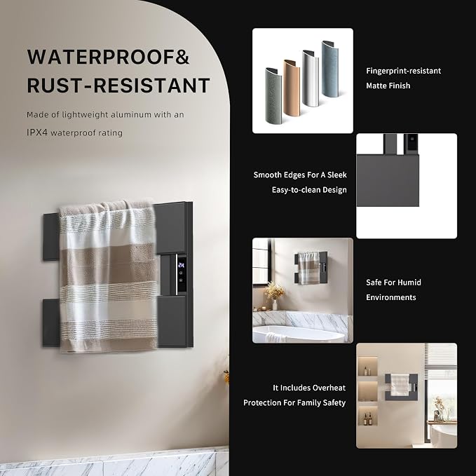 Electric Towel Warmer with Smart LED Timer, Modern [2/3/4] Bar Large Panel Heated Towel Rack, Wall-Mounted Plug-in/Hardwired 2-in-1, Rapid Warmth for Bathrooms, [Matte Black/Alpine White]