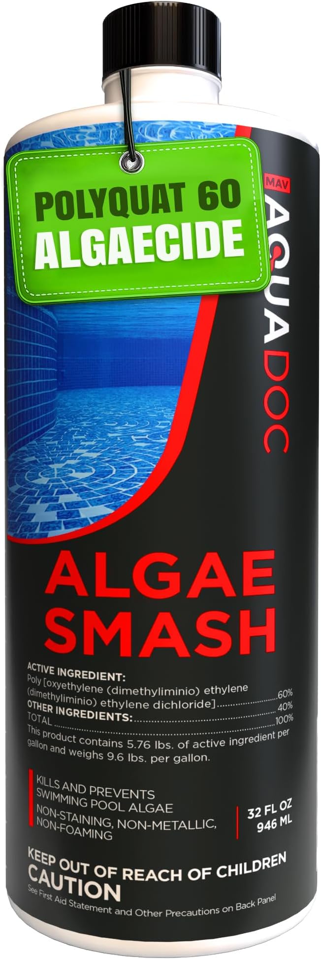 AquaDoc Algae Smash Polyquat 60 Algaecide for Swimming Pools - 32 oz - Non-Foaming, Non-Staining Formula to Help Remove and Prevent Algae in Inground and Above Ground Pools - Made in USA
