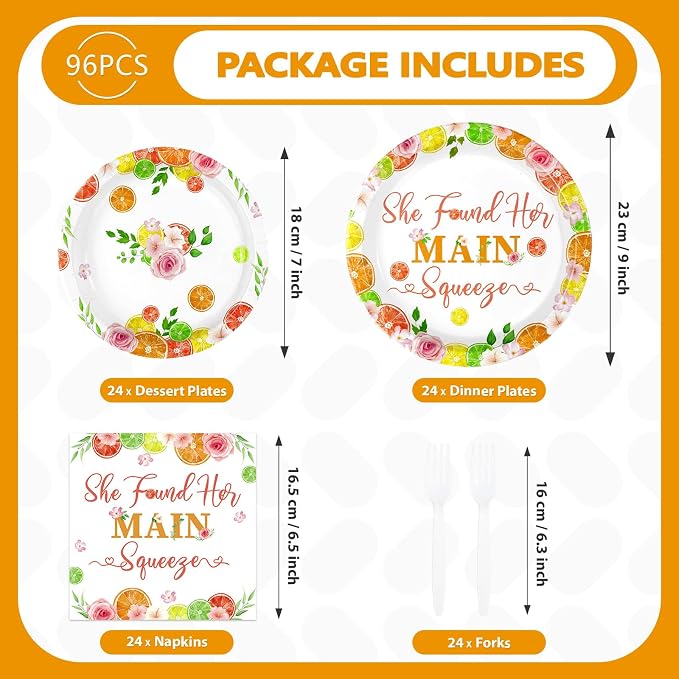 96Pcs She Found Her Main Squeeze Party Decorations Lemon Bridal Shower Plates and Napkins Citrus Decorations for Citrus Lemonade Orange Spring Fruit Bachelorette Wedding Party Supplies Serves 24