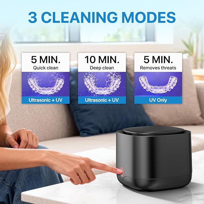 Ultrasonic Retainer Cleaner with UV-C, 45kHz Rechargeable Dental Cleaning Machine 4000mAh, 200ML for Denture, Mouth Guard, Night Guard, Aligner, 3 Modes & 6 Cleaning Tablets