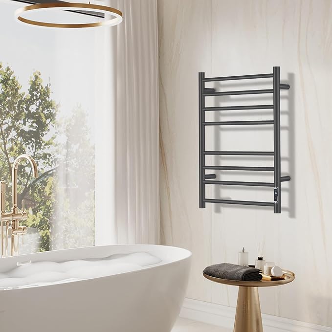 Towel Warmer Bathroom Wall Mounted Drying Rack Plug-in Electric Heated Towel Rack Stainless Steel Black with Timer & Temperature Control 8 Bar