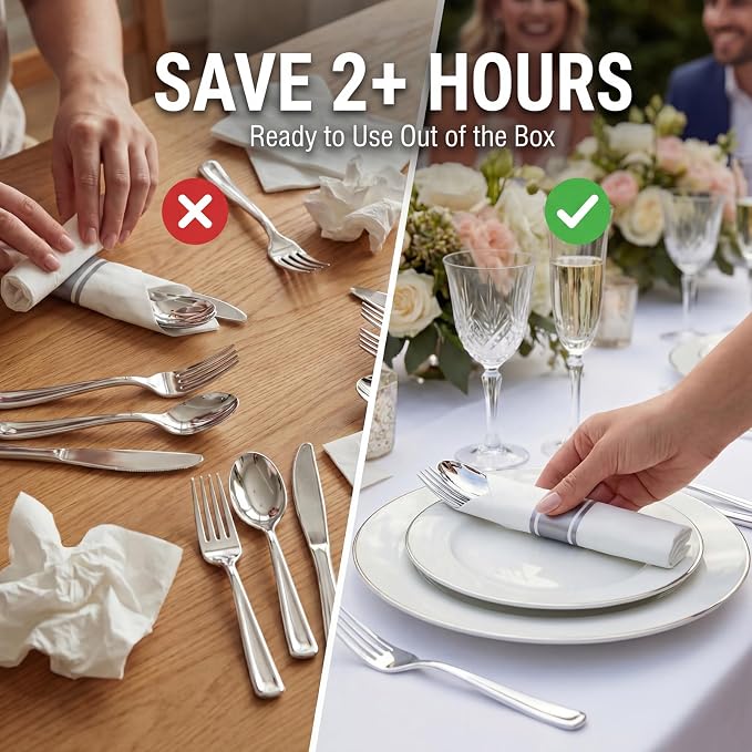 Liacere 100 Pack Silver Plastic Silverware-Pre Wrapped cutlery and Napkin-Pre Rolled Silverware Disposable 100 Forks, 100 Knives 100 Spoons, 100 Napkins Plastic Utensils＆Wedding