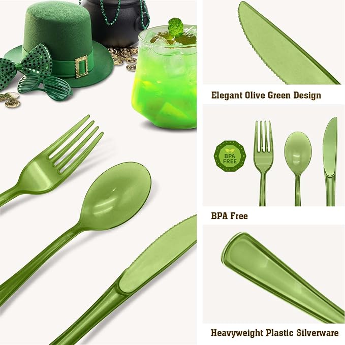 150 Pcs Sage Green Plastic Silverware, Disposable Plastic Utensils Heavy Duty, Green Silverware Sets Includes 50 Forks 50 Knives 50 Spoons for Birthday, Baby Shower, Picnic