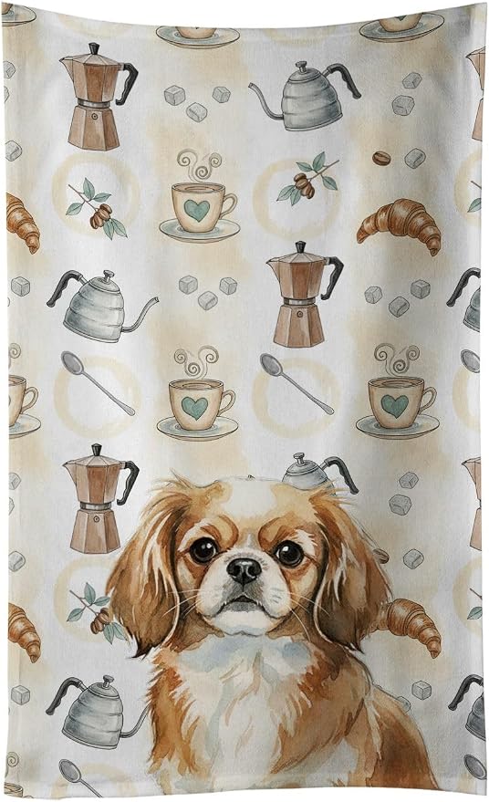 Caroline's Treasures Tibetan Spaniel Coffee Bar Kitchen Towel Velour Plush Front and Cotton Loop Back Machine Washable