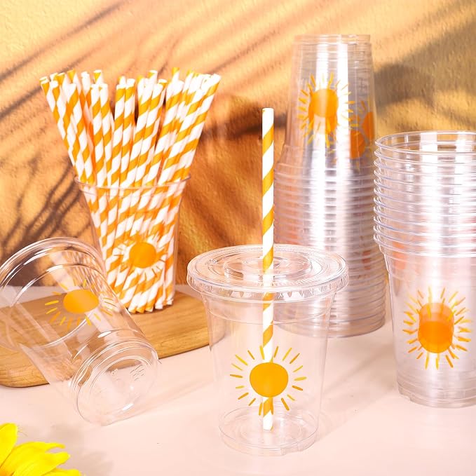 Whaline 50Pcs Boho Sun Disposable Plastic Cups with Lids and Straws 12 Oz Sunshine Cold Beverage Drinking Cups for Birthday Baby Shower Party Supplies