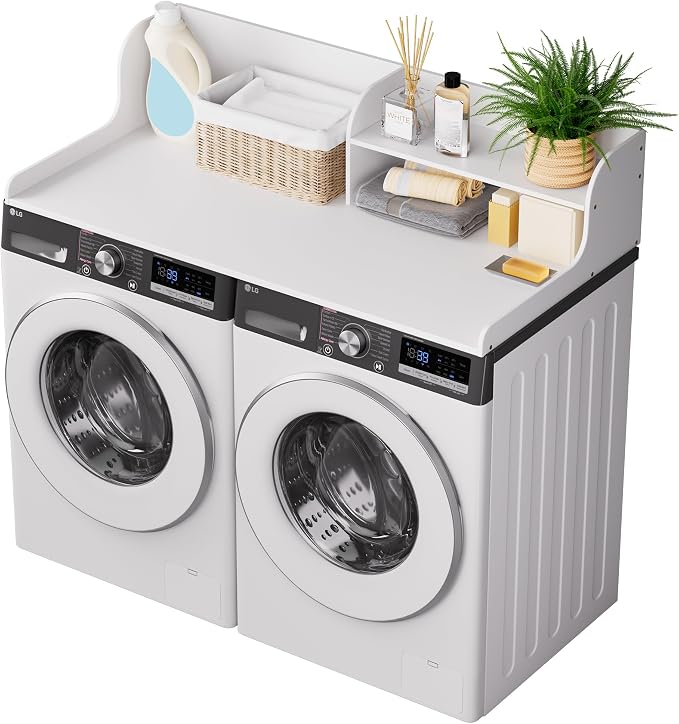 Washer Dryer Countertop with Shelf, 54" x 27.5" 2-Tier Bamboo Laundry Topper, Washer and Dryer Countertop for Laundry Room Organization with Edge Rails, Waterproof, White