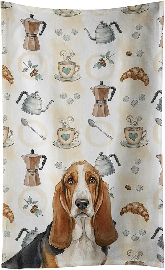 Caroline's Treasures Tricolor and White Basset Hound Coffee Bar Kitchen Towel Velour Plush Front and Cotton Loop Back Machine Washable