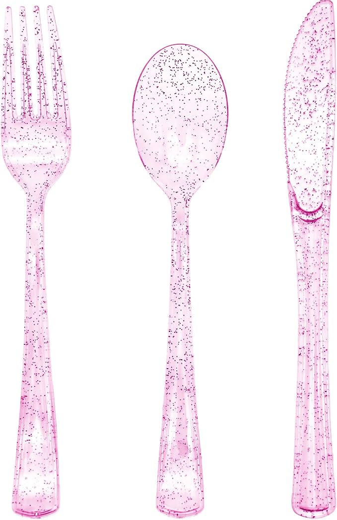 150PCS Purple Plastic Silverware, Purple Glitter Plastic Cutlery Disposable, 50 Forks, 50 Knives, 50 Spoons Heavy Duty, Perfect for Birthday, Wedding, Baby Shower, Picnic